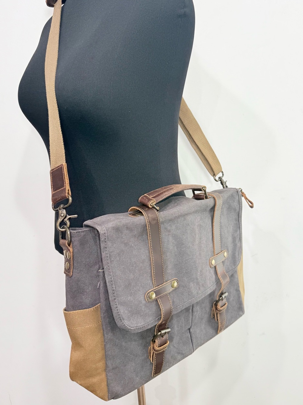 Newhey Gray Brown Thick Waxed Canvas Laptop Commuter Academic Satchel Bag - Picture 7 of 16